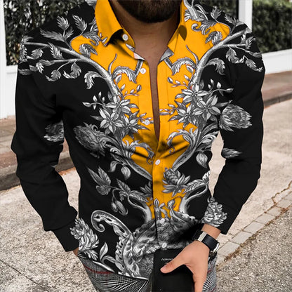 Men’s 3D Floral Print Long Sleeve Shirt – Designer Party & Prom Dress Shirt, S–5XL