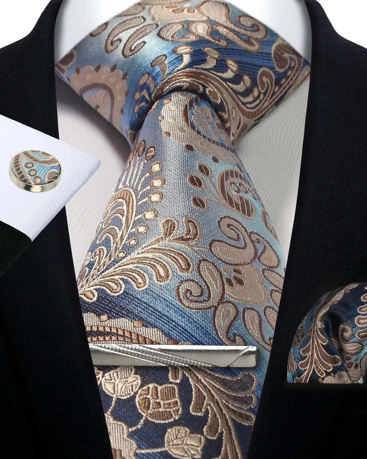 Men’s Classic Silver Paisley Tie Set – Silk Necktie, Pocket Square, Cufflinks & Tie Clip – Formal Wedding Party Gift Box