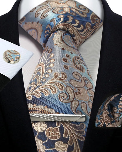 Men’s Classic Silver Paisley Tie Set – Silk Necktie, Pocket Square, Cufflinks & Tie Clip – Formal Wedding Party Gift Box