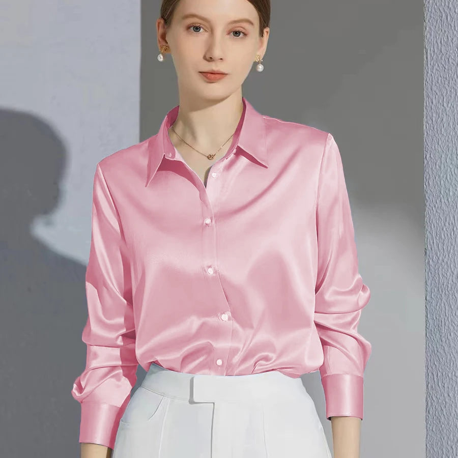 Elegant Satin Button-Down Blouse – Women’s Long Sleeve French Solid Shirt for Work & Evenings