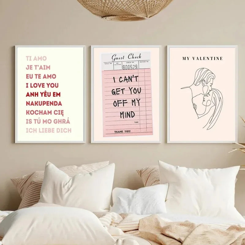 Valentine's Day Queue Gallery Printable Poster - Vintage Romantic Wall Art Cute Pink Heart Canvas Painting for Home Bedroom Decoration