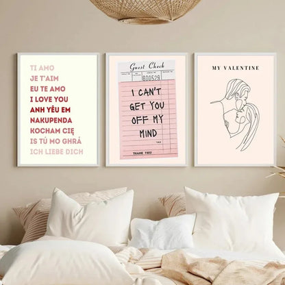 Valentine's Day Queue Gallery Printable Poster - Vintage Romantic Wall Art Cute Pink Heart Canvas Painting for Home Bedroom Decoration