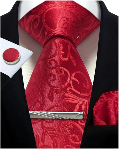 Men’s Classic Silver Paisley Tie Set – Silk Necktie, Pocket Square, Cufflinks & Tie Clip – Formal Wedding Party Gift Box