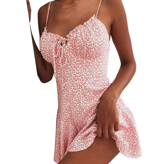 Summer Floral V-Neck Camisole Mini Dress – Sexy Spaghetti Strap Bodycon Beach Dress (S–2XL)