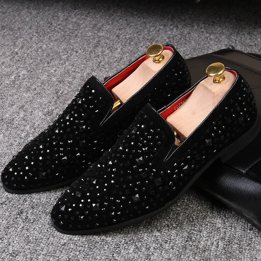 Men’s Genuine Luxury Stone  Leather Rhinestone Loafers – Slip-On Dress Shoes for Wedding, Party & Clubwear