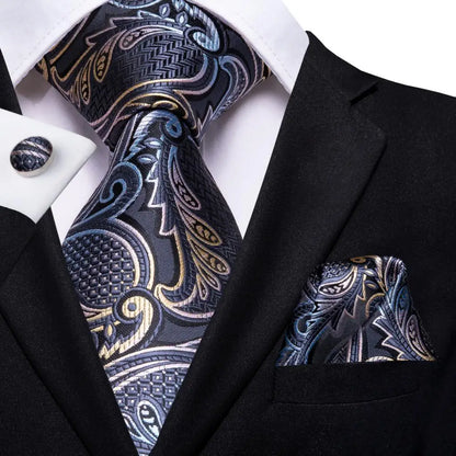 White & Grey Paisley Tie Set – Silk Necktie, Pocket Square & Cufflinks for Men – Formal Wedding & Business Accessory