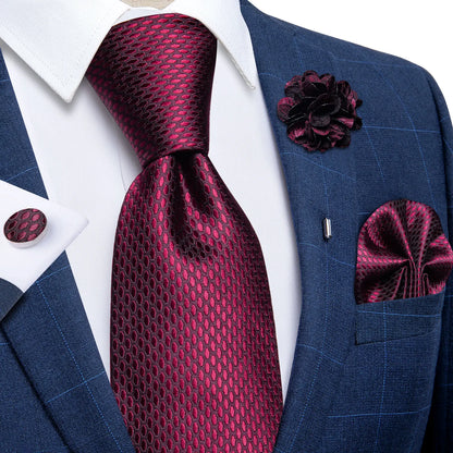 Luxury Red & Blue Floral Silk Tie Set – 8cm Necktie + Pocket Square + Cufflinks + Brooch – Men’s Formal Gift Set