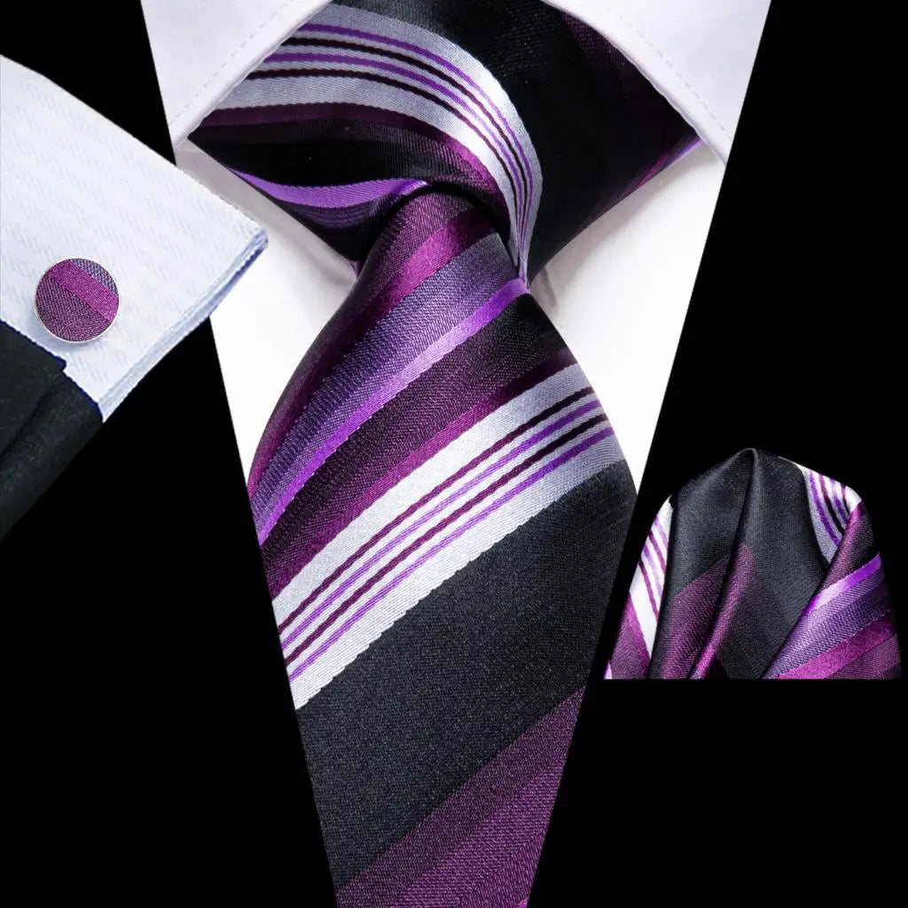 Navy Blue Striped Silk Tie Set for Men – Necktie, Pocket Square & Cufflinks – Formal Business & Wedding Gift Set