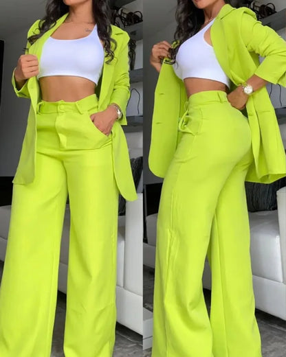 Women’s 2-Piece Solid Color Set – Spring/Autumn Fashion – Elegant Split Collar Top & Straight Tube Pocket Pants