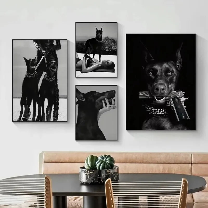 Black Colour Cool Trendy Fashion Sexy Women Wall Art Poster Dog and Luxury Car Decoration Bedroom Canvas Painting Wall Art