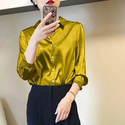 Elegant Satin Button-Down Blouse – Women’s Long Sleeve French Solid Shirt for Work & Evenings