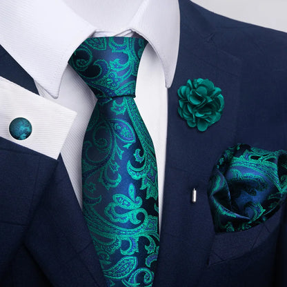 Luxury Men’s Floral Paisley Tie Set – Black & Gold Necktie with Matching Pocket Square, Cufflinks & Brooch | Elegant Wedding, Business, Dinner & Cocktail Look
