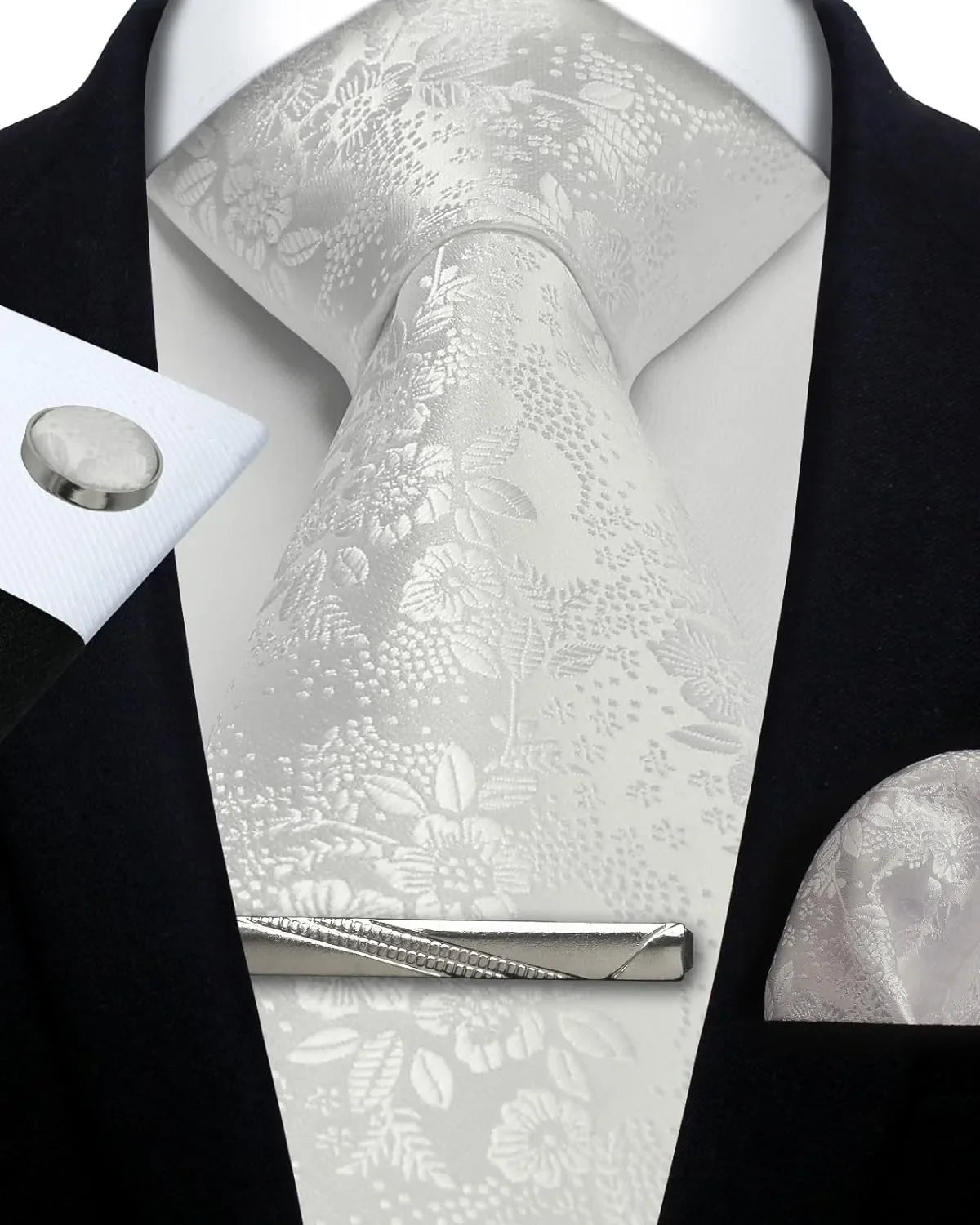 Men’s Classic Silver Paisley Tie Set – Silk Necktie, Pocket Square, Cufflinks & Tie Clip – Formal Wedding Party Gift Box