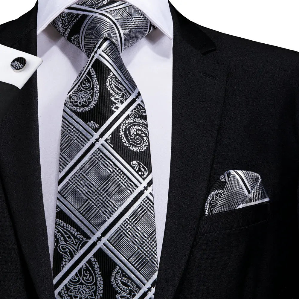 White & Grey Paisley Tie Set – Silk Necktie, Pocket Square & Cufflinks for Men – Formal Wedding & Business Accessory