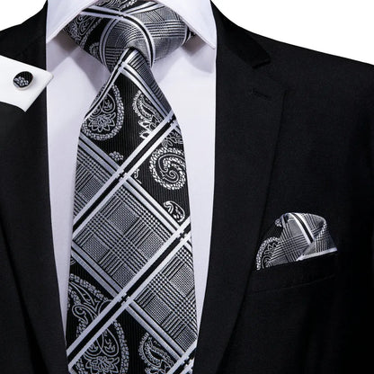 White & Grey Paisley Tie Set – Silk Necktie, Pocket Square & Cufflinks for Men – Formal Wedding & Business Accessory