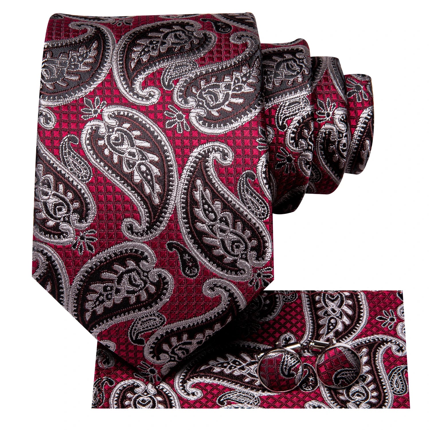 Burgundy Brown & Black Paisley Striped Silk Tie Set – Necktie + Pocket Square + Cufflinks – Formal Gift Set for Men