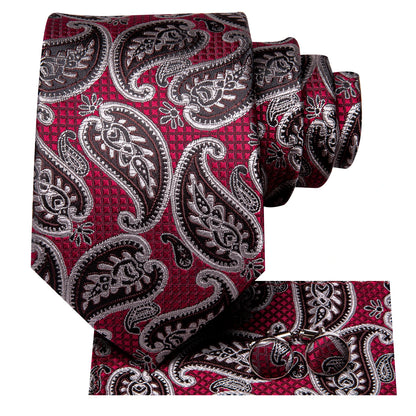 Burgundy Brown & Black Paisley Striped Silk Tie Set – Necktie + Pocket Square + Cufflinks – Formal Gift Set for Men