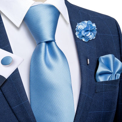 Luxury Red & Blue Floral Silk Tie Set – 8cm Necktie + Pocket Square + Cufflinks + Brooch – Men’s Formal Gift Set