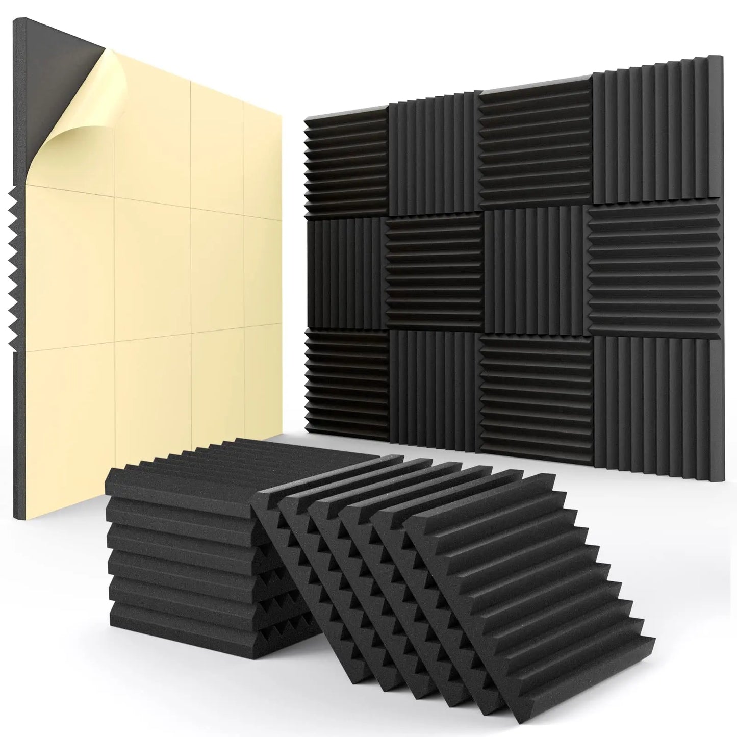 12 Pack Self-Adhesive Acoustic Panels – 1x12x12 Inch High-Density Soundproof Foam, Quick-Recovery Noise Reduction Wall Panels