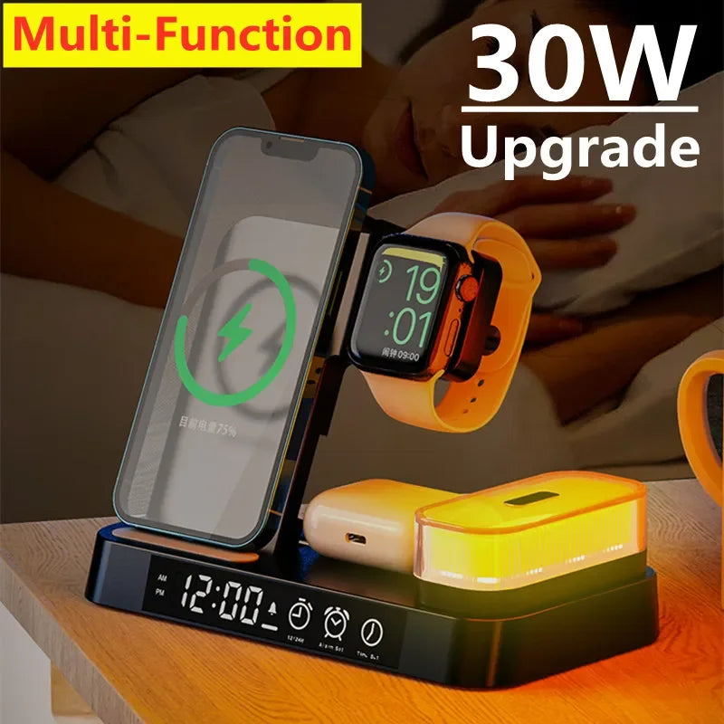 30W 3-in-1 Wireless Charging Station with Alarm Clock & Night Light – Fast Charger Stand for iPhone, Samsung, Apple Watch & Galaxy Watch