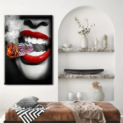 Red Lips Smoking Woman Canvas Art – Framed Pop Art Print with Money Burning Design for Living Room Decor