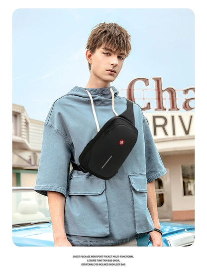 SWISS New Men'S Casual Chest Bag Sports Waterproof Shoulder Bag Anti-Theft Crossbody Bag Fashion Solid Color Usb Bag Sling Pack