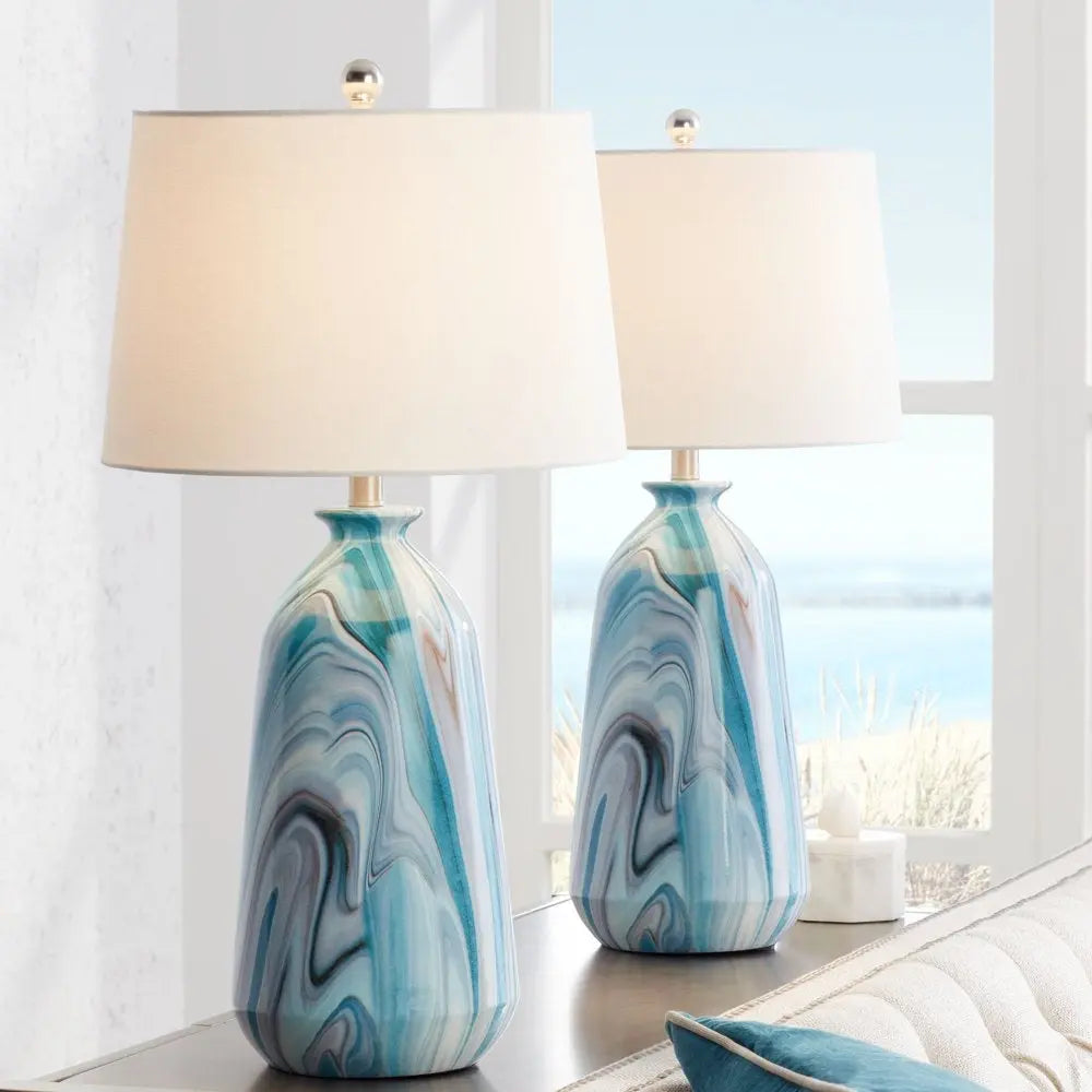 Set of 2 Carlton Modern Coastal Table Lamps - 28" Tall Swirling Blue Faux Marble - DynamicDrop Hub