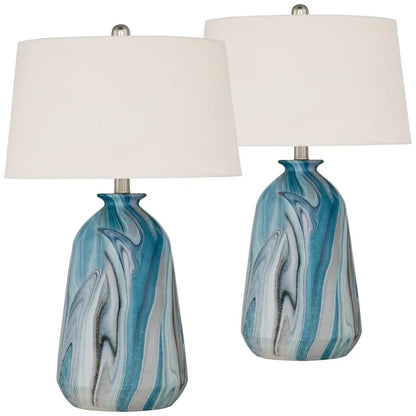 Set of 2 Carlton Modern Coastal Table Lamps - 28" Tall Swirling Blue Faux Marble - DynamicDrop Hub