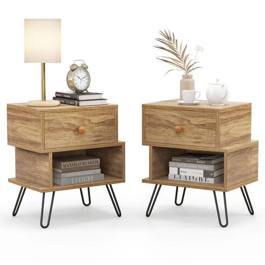 Set of 2 Wooden Nightstands 2-Tier with Elevated Metal Feet - DynamicDrop Hub