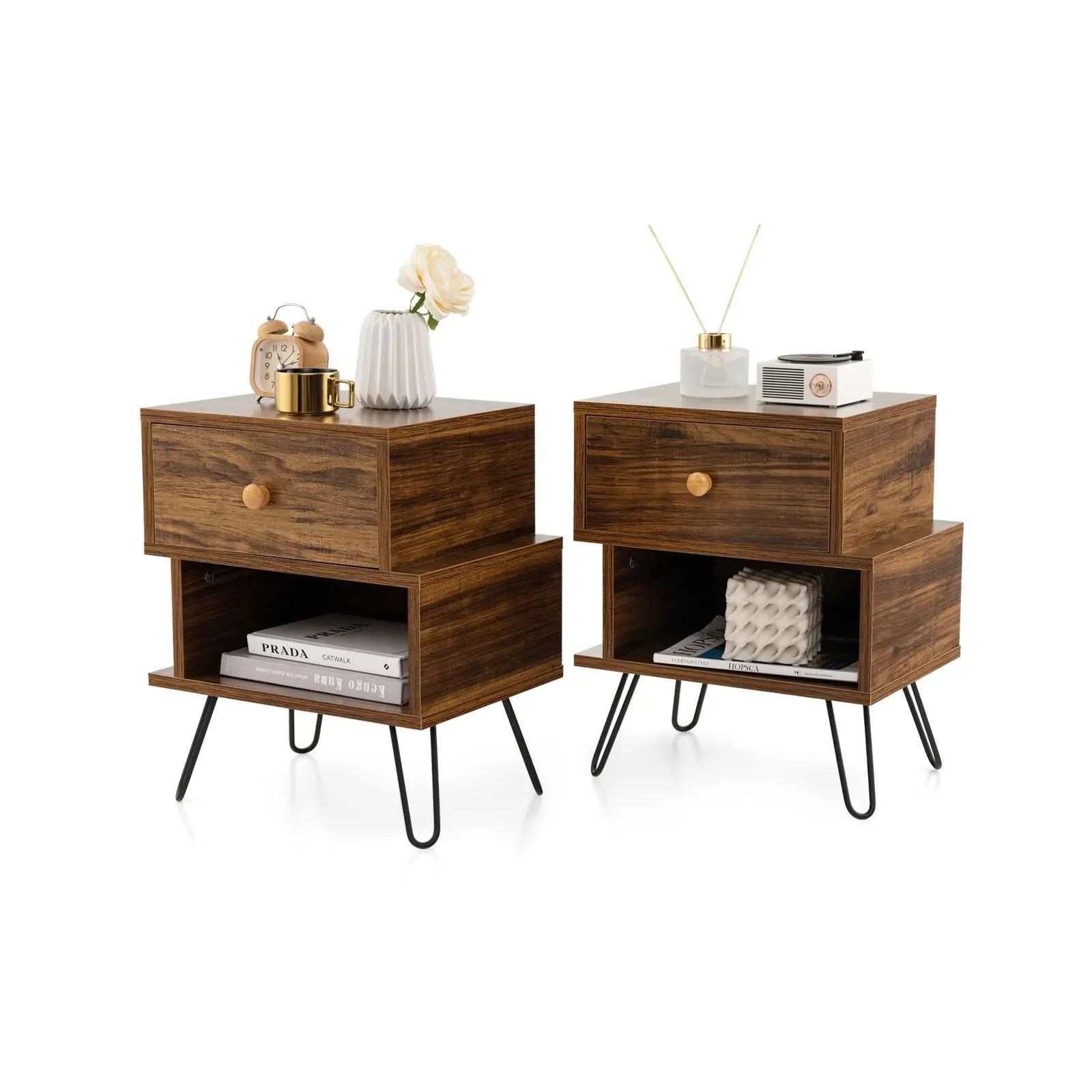 Set of 2 Wooden Nightstands 2-Tier with Elevated Metal Feet - DynamicDrop Hub