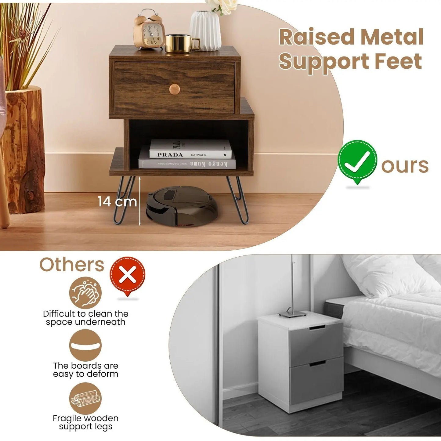 Set of 2 Wooden Nightstands 2-Tier with Elevated Metal Feet - DynamicDrop Hub