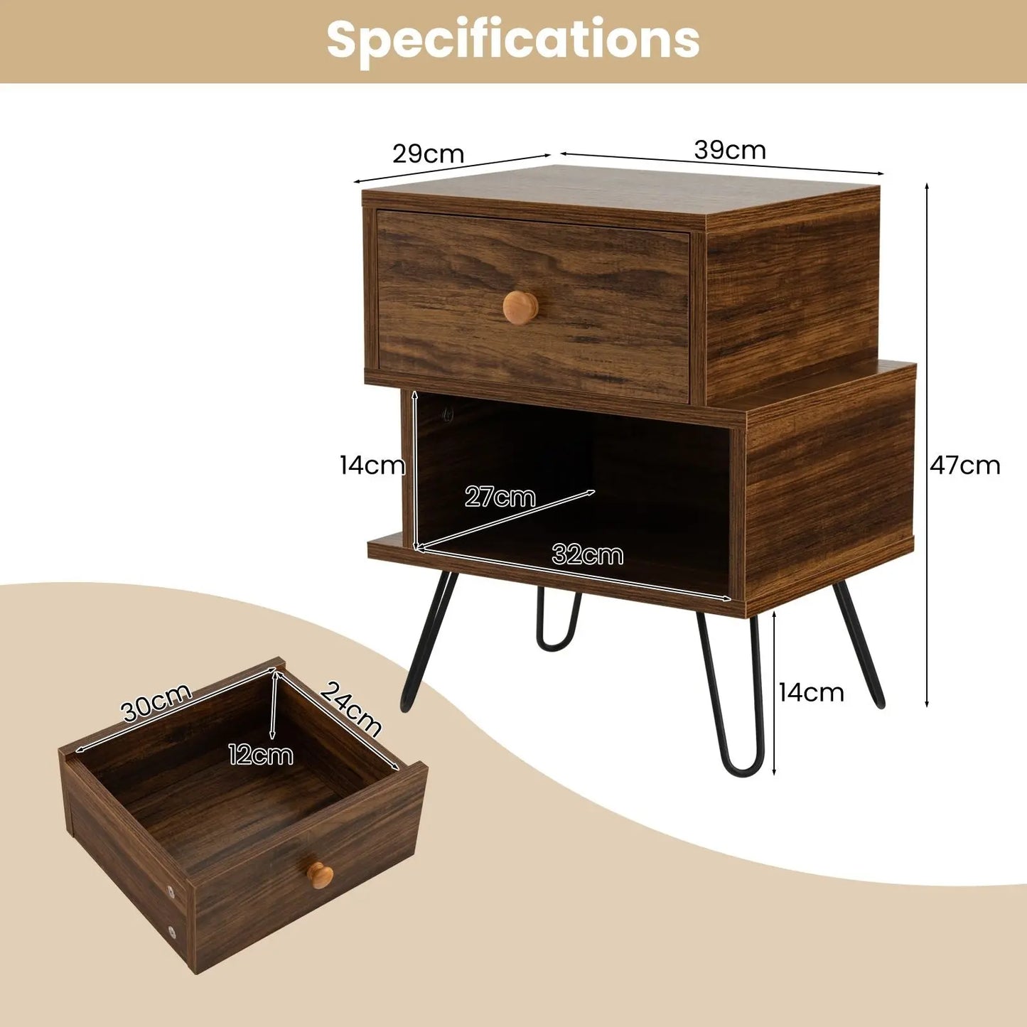 Set of 2 Wooden Nightstands 2-Tier with Elevated Metal Feet - DynamicDrop Hub