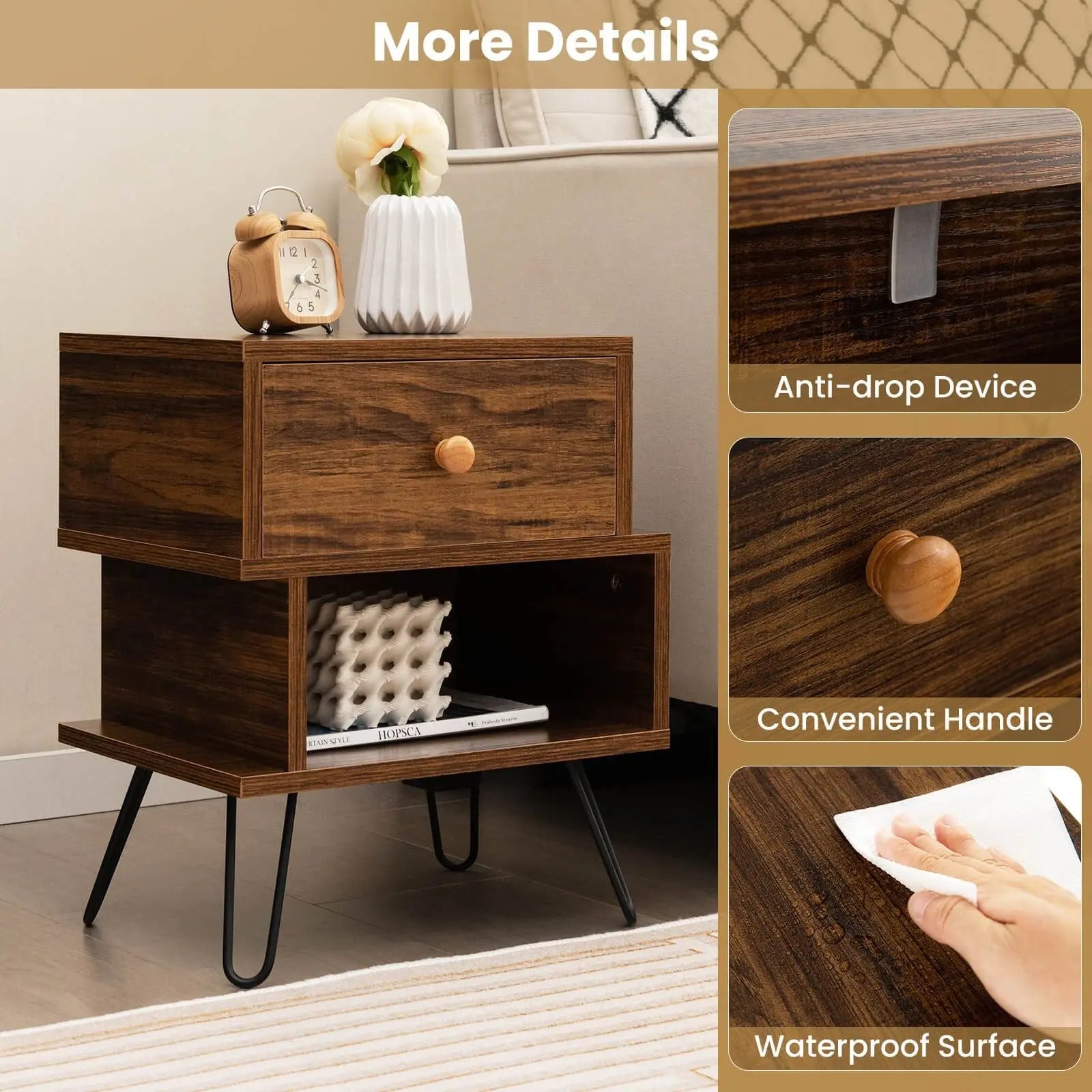 Set of 2 Wooden Nightstands 2-Tier with Elevated Metal Feet - DynamicDrop Hub