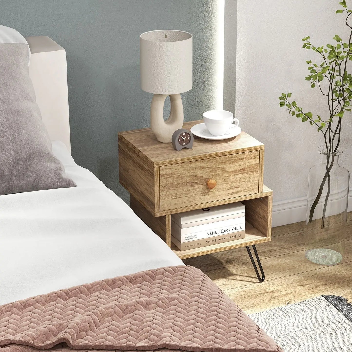 Set of 2 Wooden Nightstands 2-Tier with Elevated Metal Feet - DynamicDrop Hub