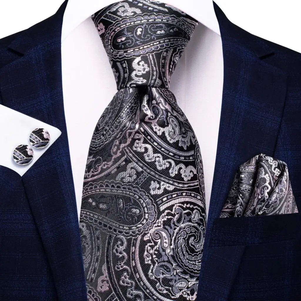 White & Grey Paisley Tie Set – Silk Necktie, Pocket Square & Cufflinks for Men – Formal Wedding & Business Accessory
