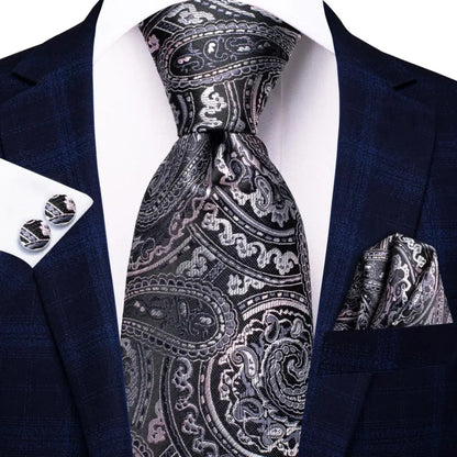 White & Grey Paisley Tie Set – Silk Necktie, Pocket Square & Cufflinks for Men – Formal Wedding & Business Accessory
