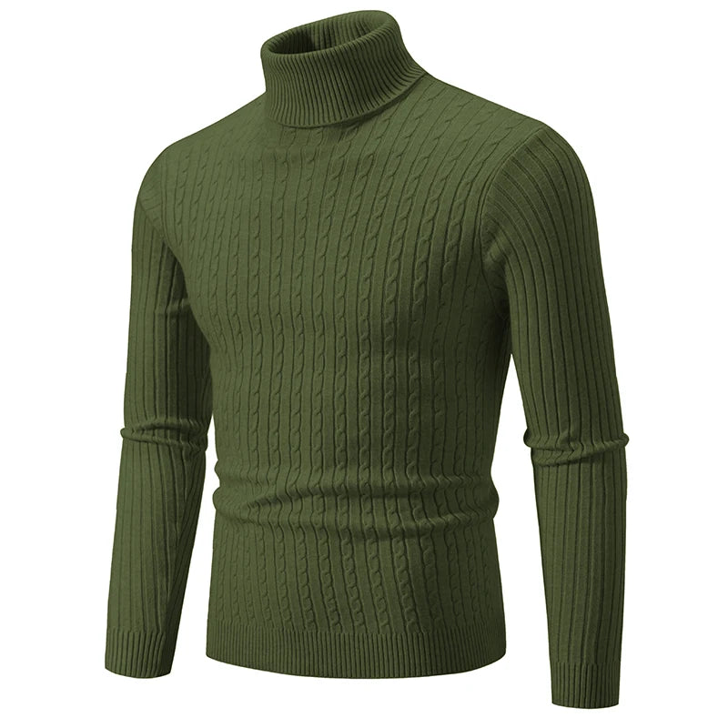Men’s High Neck Knitted Sweater – Solid Color Warm Turtleneck Pullover for Winter