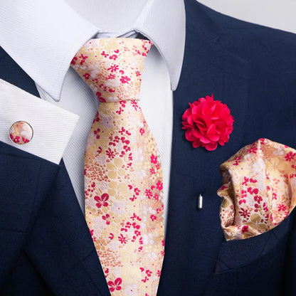 Luxury Men’s Floral Paisley Tie Set – Black & Gold Necktie with Matching Pocket Square, Cufflinks & Brooch | Elegant Wedding, Business, Dinner & Cocktail Look