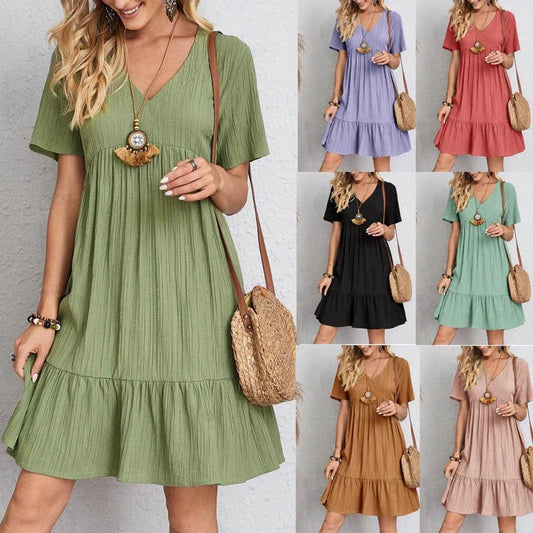 Loose V-Neck Pleated A-Line Dress – Elegant Beach Style, Short Sleeve, Solid Color, Comfortable Fit