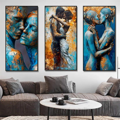 Romantic Girls Kissing Love Couples Canvas Painting Wall Art Blue Body Golden Touches Lesbian Poster Print Home Decor Cuadros