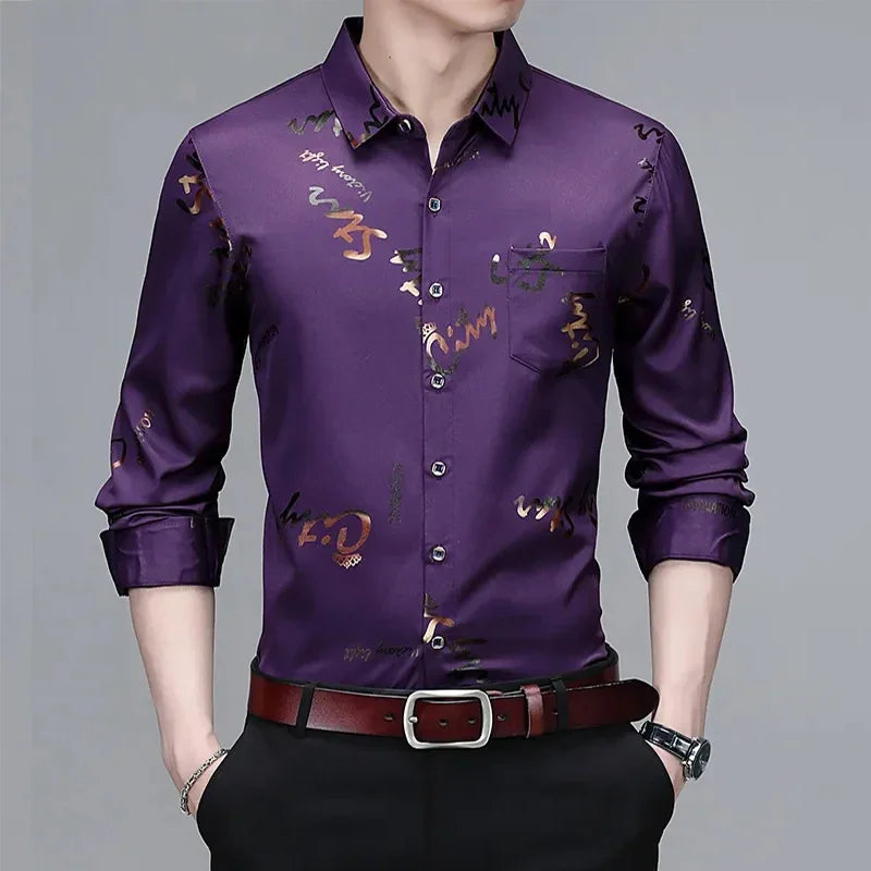 Men’s Wrinkle-Resistant Printed Long Sleeve Shirt – Non-Iron Business Casual Top