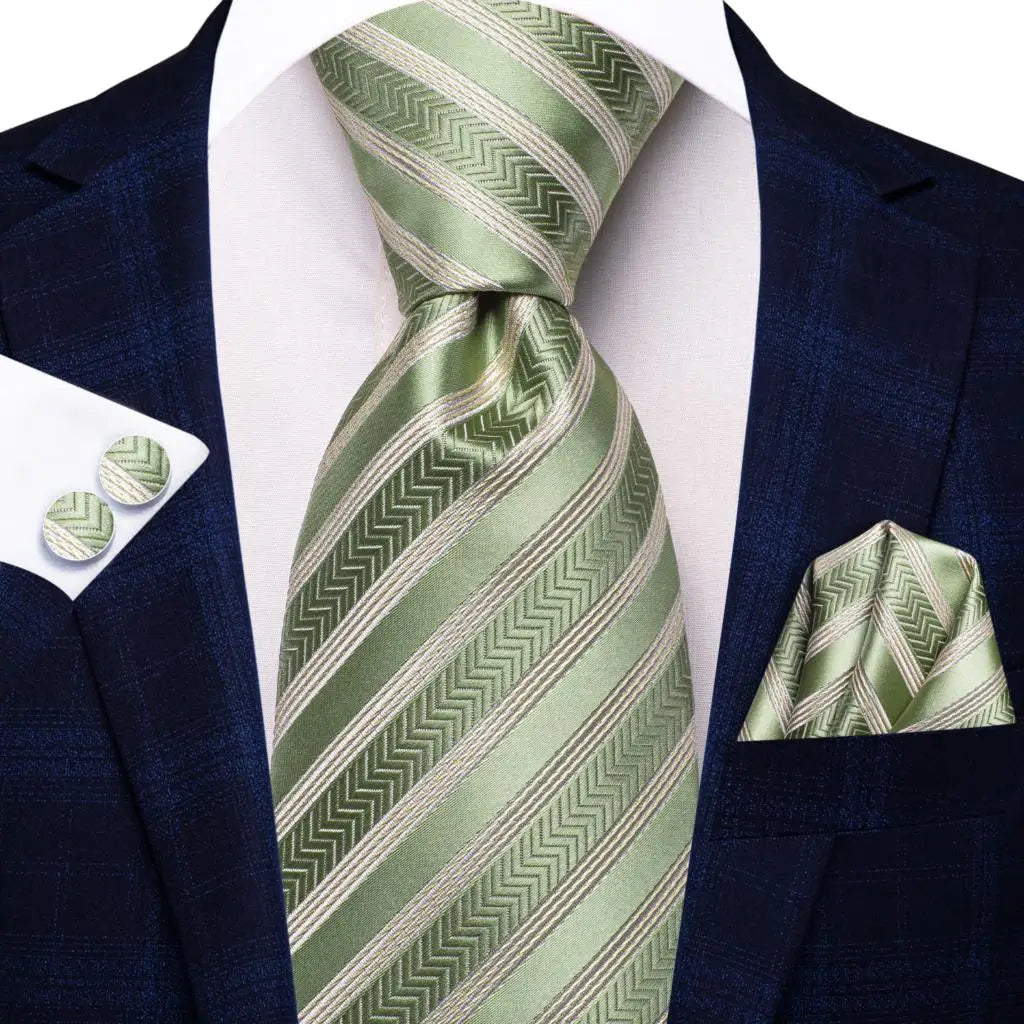 Navy Blue Striped Silk Tie Set for Men – Necktie, Pocket Square & Cufflinks – Formal Business & Wedding Gift Set