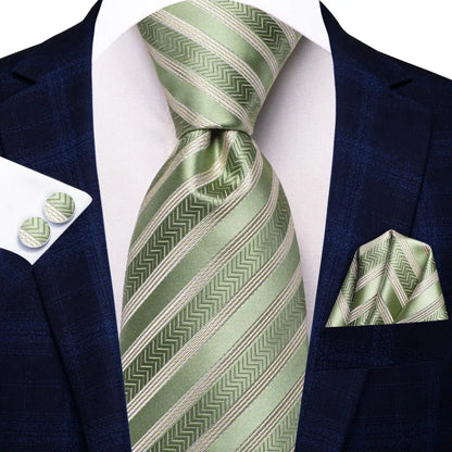 Navy Blue Striped Silk Tie Set for Men – Necktie, Pocket Square & Cufflinks – Formal Business & Wedding Gift Set