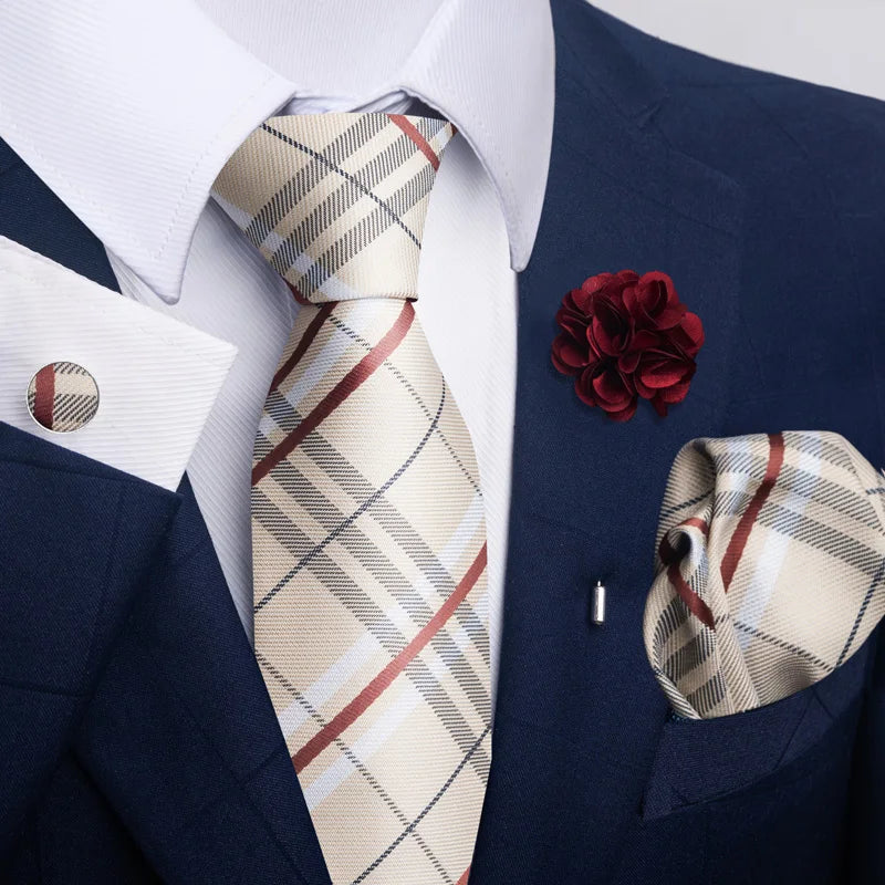 Luxury Men’s Floral Paisley Tie Set – Black & Gold Necktie with Matching Pocket Square, Cufflinks & Brooch | Elegant Wedding, Business, Dinner & Cocktail Look
