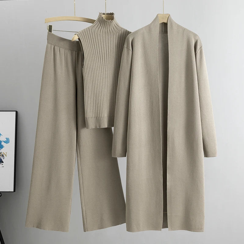 Women's 3-Piece Knitted Cardigan Tracksuit Set – Vintage Style Sweater + Top + Pants | Spring/Autumn Fashion Outfit
