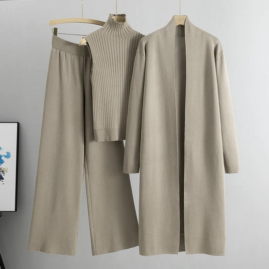 Women's 3-Piece Knitted Cardigan Tracksuit Set – Vintage Style Sweater + Top + Pants | Spring/Autumn Fashion Outfit