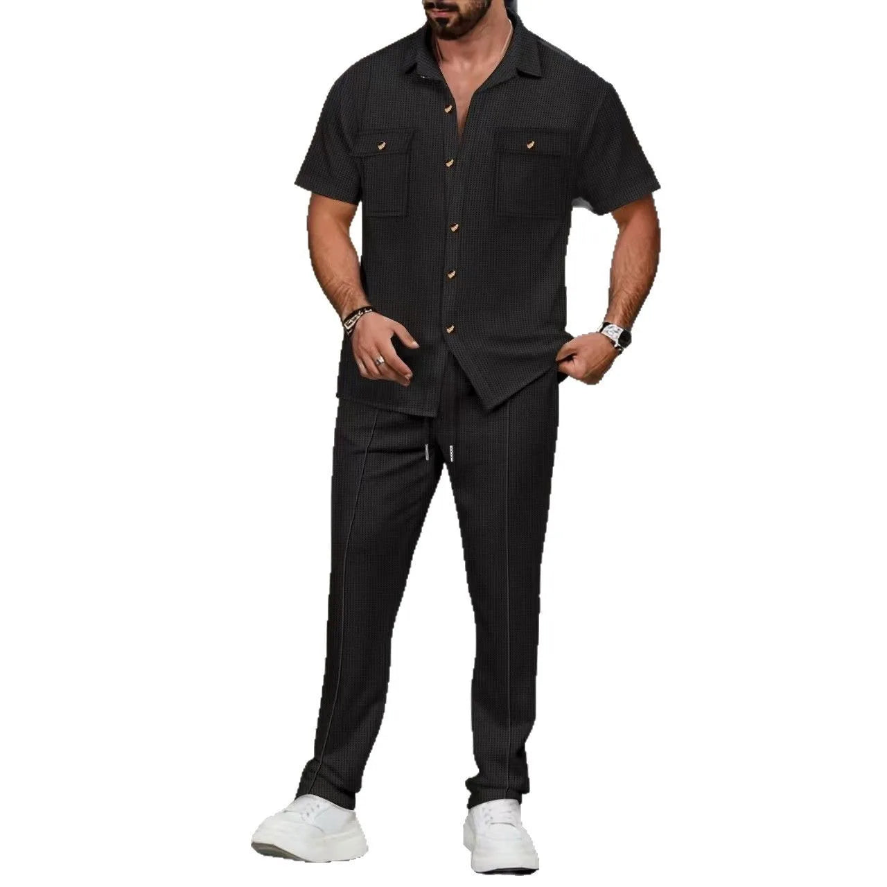 Men’s Solid Color Summer Two-Piece Set – Short-Sleeved Button-Up Shirt & Matching Trousers with Pockets