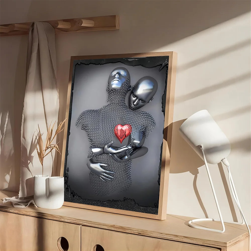 Romantic Art Love Heart Gray Metal Figure Statue 3D Art DIY Sticky Poster Vintage Room Bar Cafe Decor Home Decor