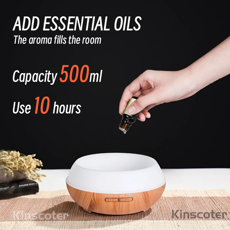 500ml Wood Grain Ultrasonic Aroma Diffuser – 7-Color LED, Remote Control, Humidifier & Timer