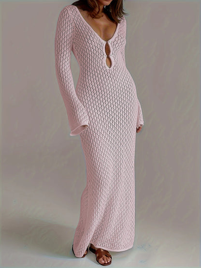 Sexy Women's White Knit Bikini Cover-Up – Long Sleeve, Deep V-Neck, Backless Beach Dress